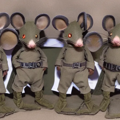 Prompt: group of mice wearing military outfits and going to war, dramatic