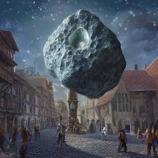 Prompt: A Giant magical gem meteorite in the middle the plaza of a medieval city, beautiful, concept art, sharp focus, highly detailed, intricate, still, photograph, fantasy, medieval, midday, day, sunny, shimmering, realistic, 8k, award winning, trending on artstation, Dungeons and dragons, tabletop, in the style of Wizards of the coast