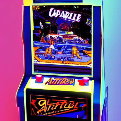 Image similar to 1990s arcade machine, octane render, unreal engine, digital art, Artstation, Trending on Artstation, Artstation HQ, Artstation HD, cgsociety, Pinterest, 8k , close up to the screen, wide angle, godrays, volumetric, reflections, cinematic, epic, ultra realistic, accurate, coherent, 3D Render,