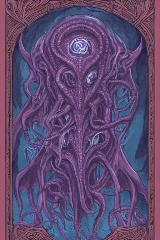 Image similar to ancient eldritch horror, mind flayer, illithid, concept art, digital art, tarot card, highly detailed, ornate border, in the style of dungeons and dragons, old school