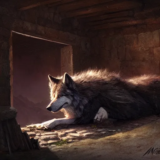 Image similar to medieum shot of a warg wolf sleeping on a mat in a corner of a adobe house, torchlit, concept art by marc simonetti and christophe vacher, trending on artstation