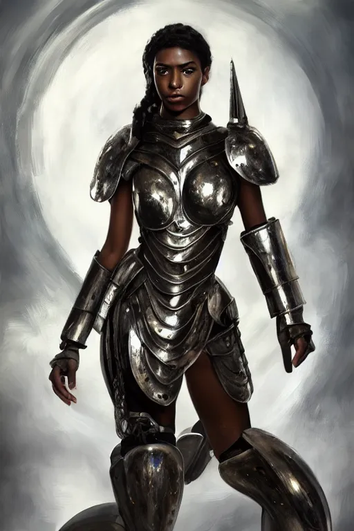 Image similar to a photorealistically painted portrait of an attractive young black girl, partially clothed in metal-plated battle armor, with an abstractly painted background, flawless olive skin, fair complexion, long dark hair, beautiful bone structure, perfectly symmetric facial features, perfect photorealistic eyes, natural physique, intricate, elegant, digital painting, concept art, finely detailed, beautifully illustrated, sharp focus, minimal artifacts, volumetric lighting, from DOOM and Halo, by Ruan Jia and Mandy Jurgens and Artgerm and William-Adolphe Bouguerea, in the style of Greg Rutkowski, trending on Artstation, award winning art