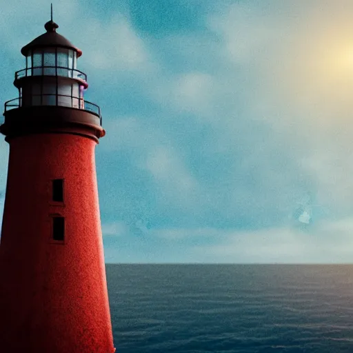 Image similar to , lonely lighthouse splash art, movie still, detailed face, photorealistic facial features, cinematic lighting, dramatic, octane render, long lens, shallow depth of field, bokeh, anamorphic lens flare, 8 k, hyper detailed, 3 5 mm film grain