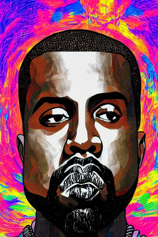 Prompt: inspirational style hope poster of kanye west with beard, psychedelic colors, highly detailed, realistic, loving