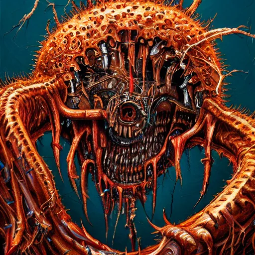 Prompt: Hyper detailed painting of a horrid eyeless biomechanical abomination covered in endless teeth as it devours The Void itself.