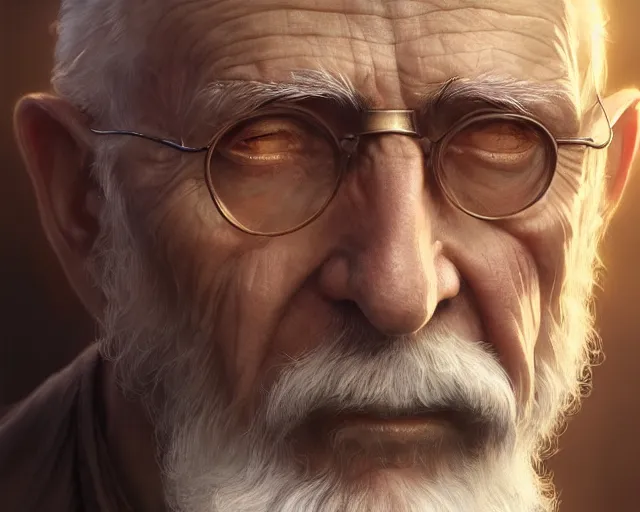 Prompt: highly detailed photorealistic old man, deep focus, d & d, fantasy, intricate, elegant, highly detailed, digital painting, artstation, concept art, matte, sharp focus, illustration, hearthstone, art by artgerm and greg rutkowski and alphonse mucha