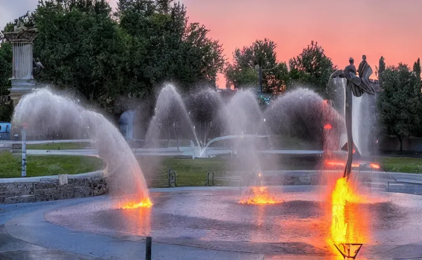 Image similar to a beautiful photo of a roundabout with an italian sculptural fountain shooting fire instead of water, sunset lighting, intricate detail, photorealistic