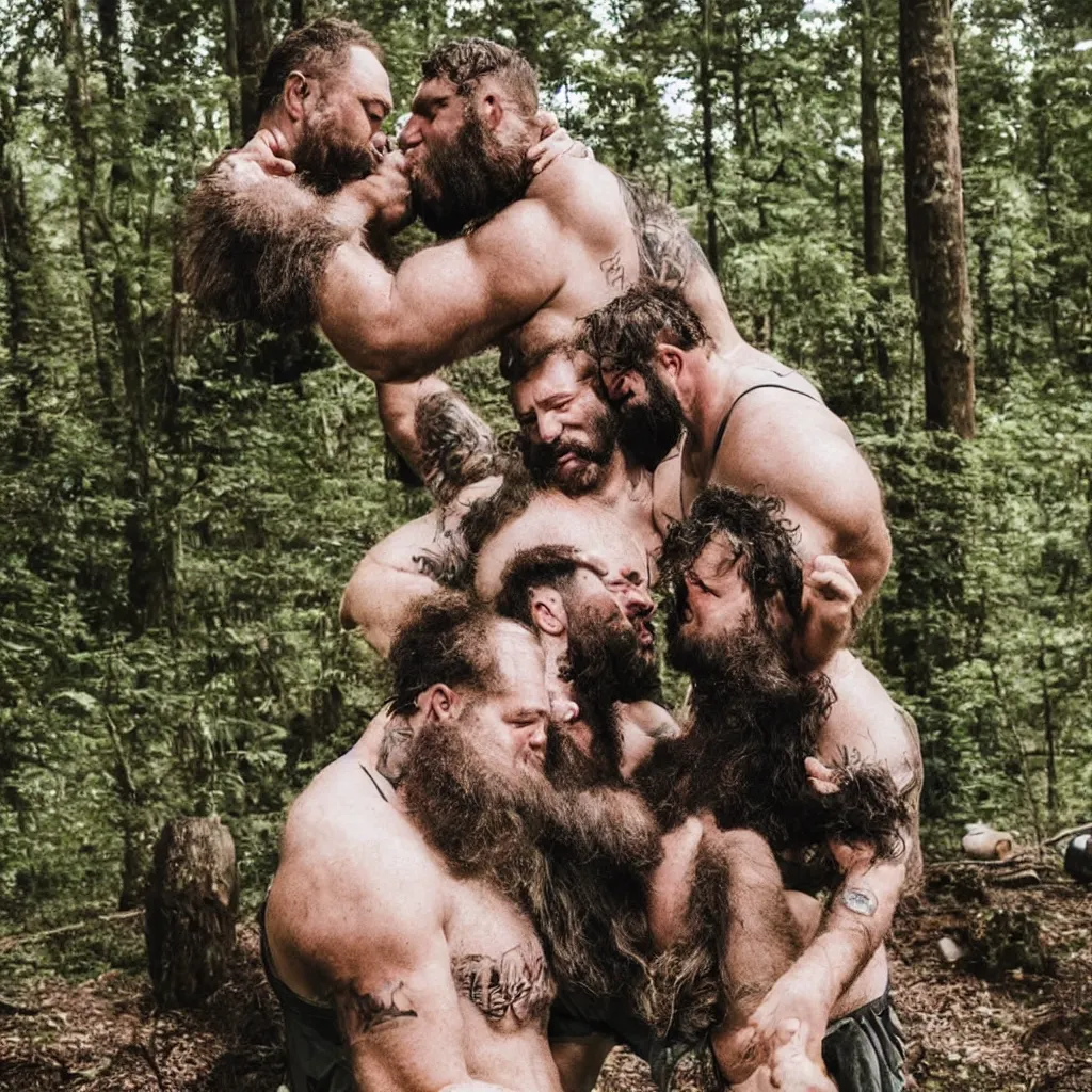 Prompt: two big hairy strongmen husbands in shorts in a forest, kissing around a campfire, daddy energy, wholesome, cute, love, photography, high details, epic, high resolution