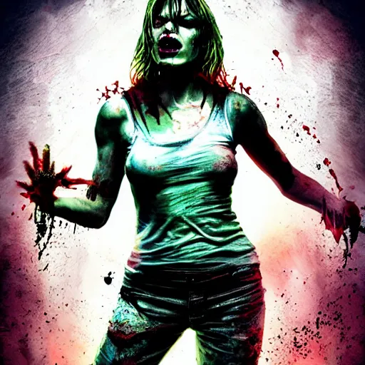 Image similar to angry zombie full body portrait of milla jovovich in an urban szene, grimdark horror, stylized digital illustration, radiating a glowing aura, global illumination, ray tracing, hdr, fanart arstation by ian pesty and katarzyna bek - chmiel