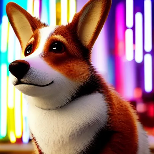 Prompt: “Corgi with Brown eyes, pixar style, neon lights city in the background, corgi staring towards camera, 4K UHD image, highly detailed”