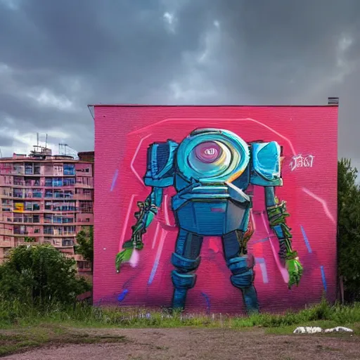 Prompt: A forerunner structure with an graffiti mural of a character. Photograph in the style of Simon stälenhag