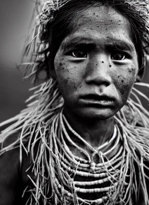 Image similar to Award winning Editorial photo of a Native Kiribati with incredible hair and beautiful hyper-detailed eyes wearing traditional garb with a Bokikokiko by Lee Jeffries, 85mm ND 5, perfect lighting, gelatin silver process