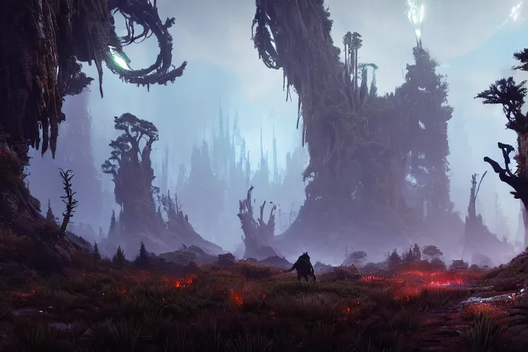 Image similar to wide epic shot from horizon forbidden west. a hyper detailed organic mechanic creatuve realistic similar look as horizon forbidden west horizon zero dawn, bioluminiscence in a dark deep forest at dawn in spring, with reflection and textures, by kilian eng, substance painter reaslitic mech surface metal painted scratches, world env from horizon forbidden west horizon zero dawn