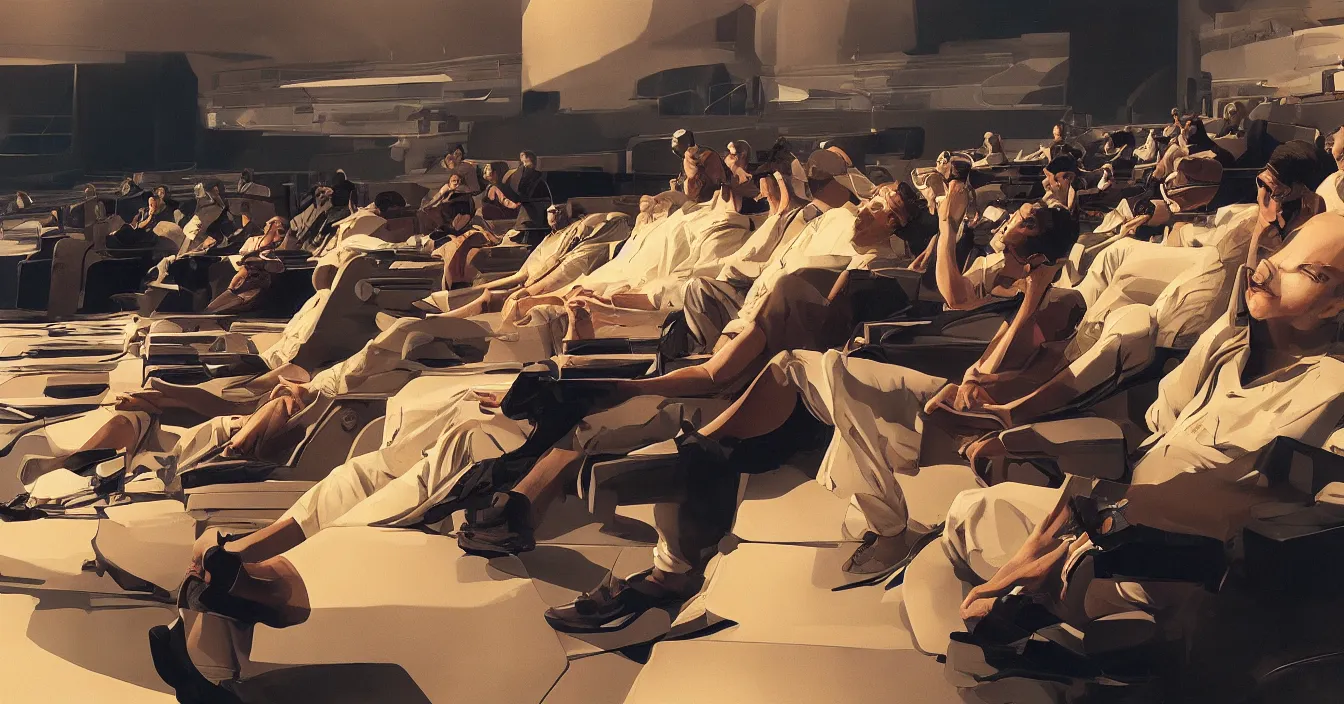 Image similar to human beings sit in the cinema and watch the illusions of their lives on the screens of life, which project the light of consciousness, realistic, deep sense of spirituality, contrast shading, unreal engine, vray, style of syd mead