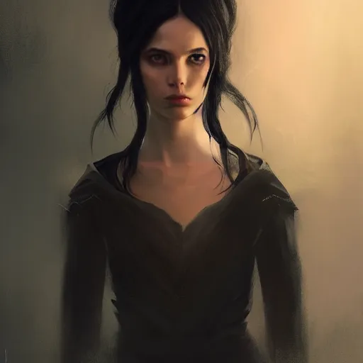 Image similar to portrait painting of female forest elf black hair, black dress, dramatic light, 8 k, by greg rutkowski