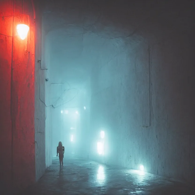 Prompt: a person in a dark tunnel with a light on, cyberpunk art by elsa bleda, trending on cg society, light and space, dystopian art, futuristic, circuitry