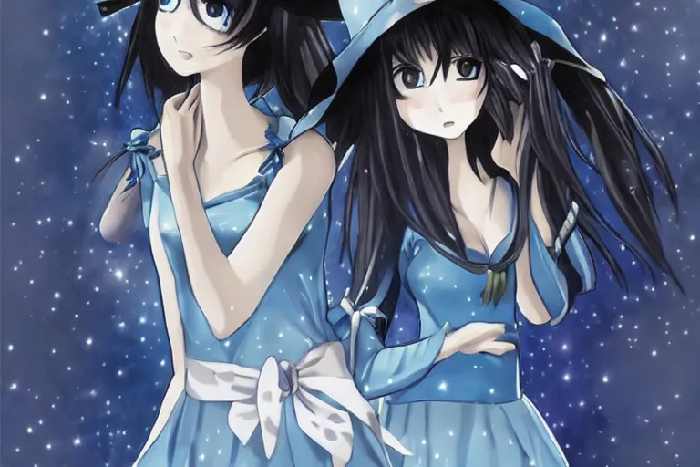 Prompt: mayuri shiina from steins gate, beautiful anime, looking to stars, cute anime , in blue dress, super detailed , beautiful anime art