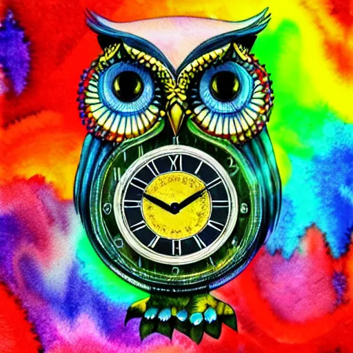 Prompt: owl holding a clock, portrait, vivid and colorful, watercolor style, fractal art