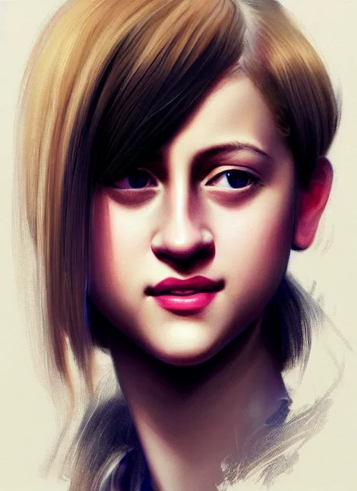 Image similar to portrait of teenage lili reinhart with bangs, smiling kindly, bangs, 1 9 6 0 s, ponytail, bangs and ponytail, intricate, elegant, glowing lights, highly detailed, digital painting, artstation, concept art, smooth, sharp focus, illustration, art by wlop, mars ravelo and greg rutkowski