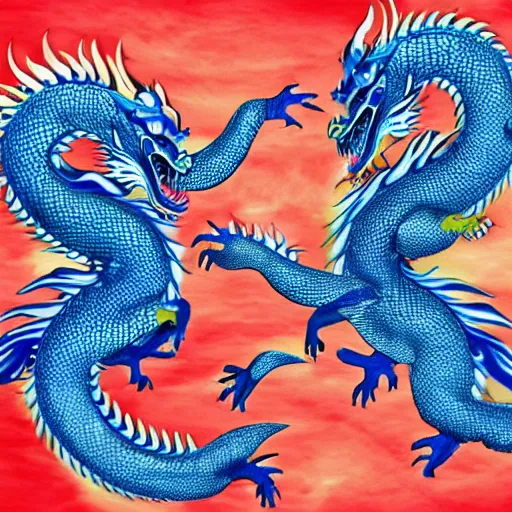 Image similar to chinese dragons chasing each other, ying yang, blue and red, hyper realistic, fire