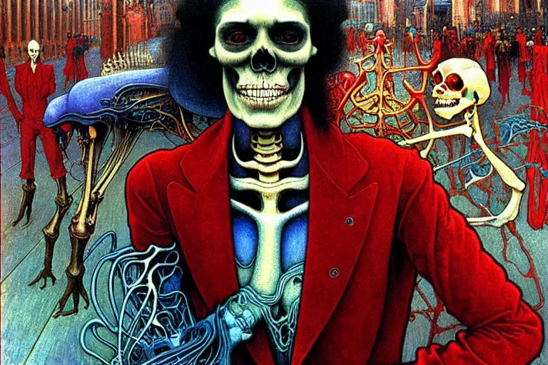 Image similar to realistic detailed closeup portrait painting of a single skeleton smoking wearing red velvet blazer in a crowded futuristic moscow street by Jean Delville, Amano, Yves Tanguy, Alphonse Mucha, Ernst Haeckel, Edward Robert Hughes, Roger Dean, rich moody colours, blue eyes