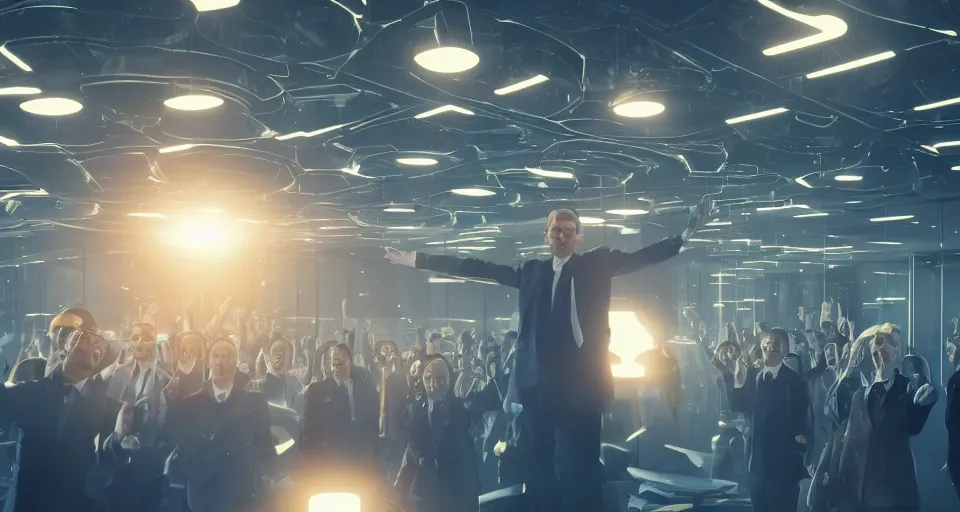 Image similar to Dramatic photo of a CEO waving to a large group of his coworkers in a futuristic office. Golden coins are levitating all around them. 8k, high detail, trending on Artstation, volumetric lighting, cyberpunk