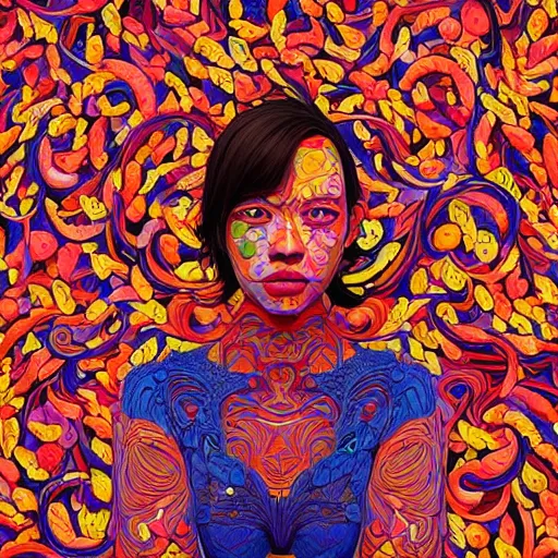 Image similar to the portrait of a beautiful young woman partially made up of peppers of all colors, an ultrafine detailed illustration by james jean, intricate linework, bright colors, final fantasy, behance contest winner, vanitas, angular, altermodern, unreal engine 5 highly rendered, global illumination, radiant light, detailed and intricate environment