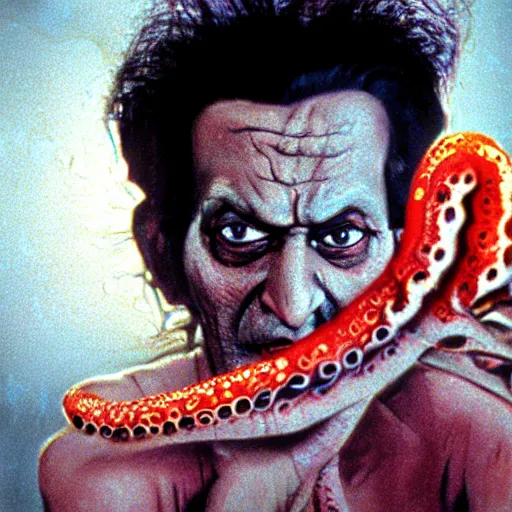 Image similar to expired fuji film coloured photograph portrait still of indian horror film character with tentacles from tv show from 1 9 9 5, hyperrealism, photorealism directed by steven spielberg and satyajit ray