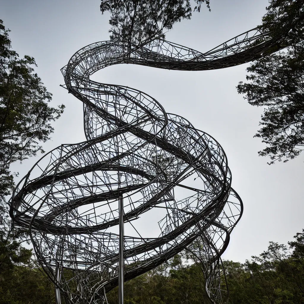 Image similar to hyper realistic, very high helix shaped observation tower made by metal in forest, wide angle shot, future design, extremely realistic, architecture design, parametric architecture, environment, sunset, foggy, cinematography, mega scans, cinematic, hyper realistic, photo real, cinematic composition, highly detailed,