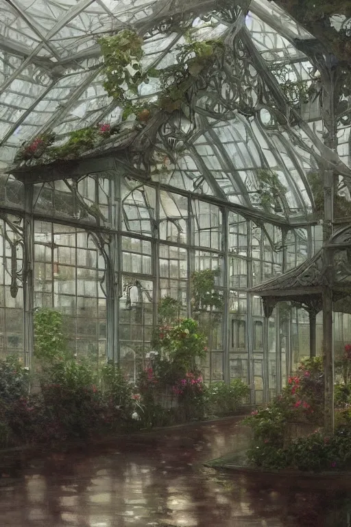 Image similar to a beautiful painting of a greenhouse, rainy, gloomy and depressed, dark, low saturation, rococo, by krenz cushart and mucha and monet, trending on artstation.