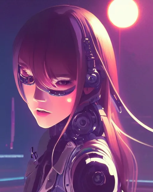 Image similar to a comic potrait of a cyberpunk cyborg girl with big and cute eyes, fine - face, realistic shaded perfect face, fine details. night setting. very anime style. realistic shaded lighting poster by ilya kuvshinov katsuhiro, magali villeneuve, artgerm, jeremy lipkin and michael garmash, rob rey and kentaro miura style, trending on art station