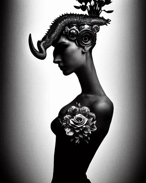 Prompt: a black and white high quality dreamy photo of a young beautiful female queen-pale dragon-vegetal-many big steampunk flowers-cyborg bust with a very long neck, elegant, highly detailed, poetic, soft, dreamy, mysterious, high fashion, rim light, in the style of Diane Arbus, Realistic, Refined, Digital Art, Highly Detailed, Cinematic Lighting, rim light, black and white, photo-realistic, 8K