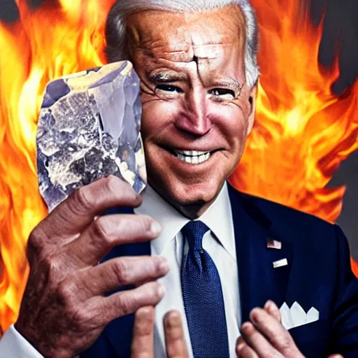 Image similar to UHD candid photo of Joe Biden holding up a big quartz crystal with Hunter Biden setting it on fire, UHD, photorealistic, correct face, photo by Annie Leibowitz