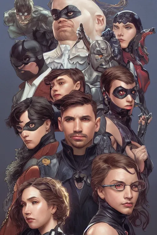 Prompt: group portrait of the Umbrella Academy, superheroes, fantasy, highly intricate, elegant, realistic faces, highly detailed, digital painting, artstation, concept art, smooth, sharp focus, group photo, illustration, art by artgerm and greg rutkowski and alphonse mucha