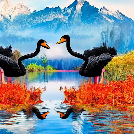 Image similar to photo of two black swans touching heads in a beautiful reflective mountain lake, a colorful hot air balloon is flying above the swans, hot air balloon, intricate, 8k highly professionally detailed, HDR, CGsociety