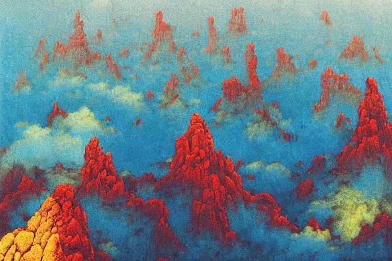 Image similar to craggy rock plains, art by beksinski and pauline baynes, trending on artstation, iridescent cool blue and cyan and red and blue and yellow and green lighting camera view from above surrealism, very very intricate, concept art, fisheye lens, situationist international