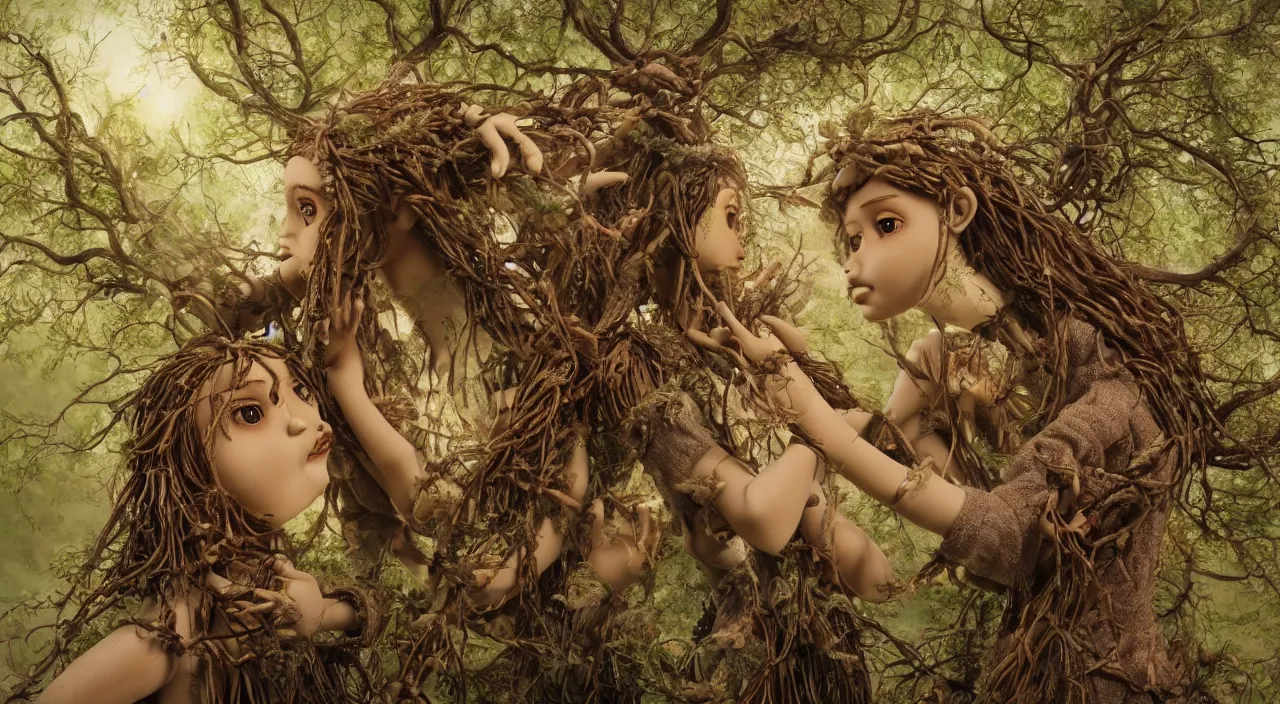 Prompt: a cinematic portrait of a beautiful female jointed handmade wooden art doll, made of wood, dreadlocks with twigs and branches, reaching out to each other, oak trees, oak leaves, acorns, dendritic, by james c. christensen, by brian froud, by raphael, 8 k, rendered in octane, 3 d, volumetric lighting, detailed