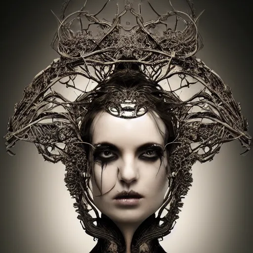 Prompt: a female model by stefan geselle and nekro borja, photorealistic, biomechanical, fractal fiberglass tendrils, intricate details, hyper realistic, ornate headpiece, dark beauty, evil, photorealistic, canon r 3, photography, wide shot, photography, dark beauty, symmetrical features