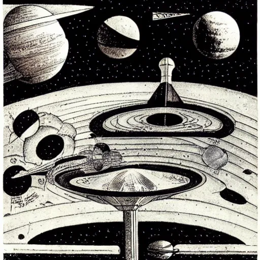 Prompt: space travel. graphical work by anatoly fomenko and bilibin and giger and lissitzky