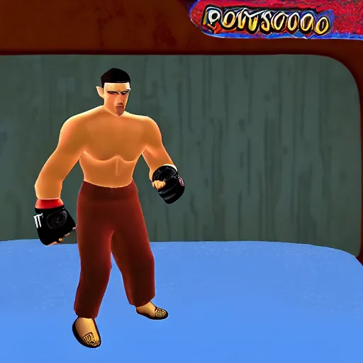 Image similar to character screenshot of ufc fighter sean o'malley in psychonauts, ps 2 graphics, dream world, sd video, cutscene