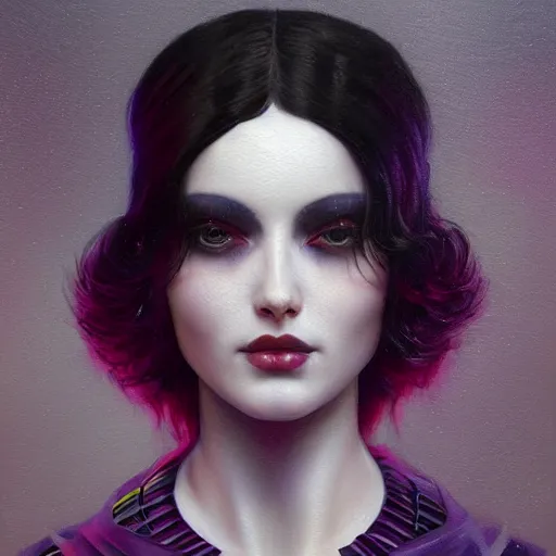 Prompt: tom bagshaw, soft painting curiosities carnival, a single very beautiful femme fatale in full hardboiled bodysuit armor, symmetry accurate human features, focus, very intricate ultrafine details, black white purple volumetric lights, award winning masterpiece, octane render 8 k hd