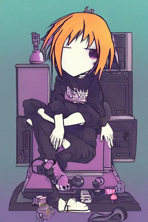 Image similar to goth chibi anime goth guy sitting on the floor of a cluttered 9 0 s bedroom, vaporwave colors, lo - fi, concept art, smooth, detailed, toon shading, cel shading, animation, 4 k, hd,