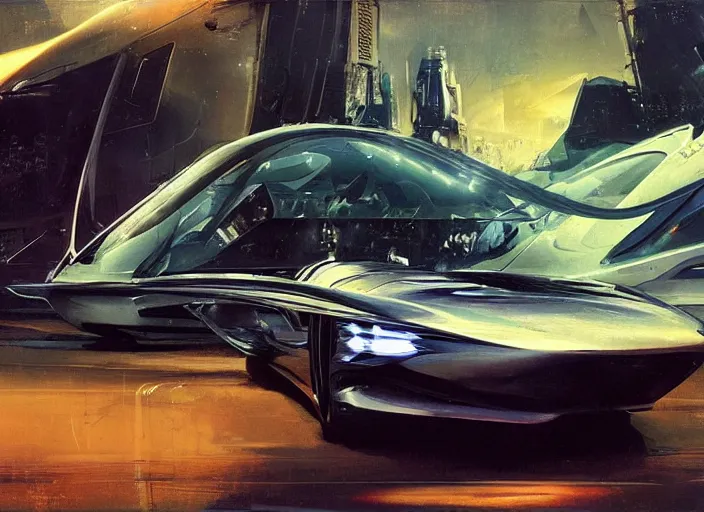 Prompt: luxurious futuristic sportscar with renaissance inspiration by John Berkey and Vincent Di Fate, rule of thirds, concept car, beautiful, in intergalactic hq, ethereal lighting, smooth, masterpiece, Refined