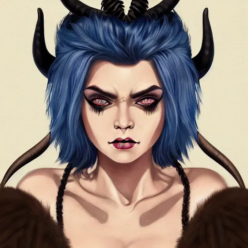 Image similar to illustrated realistic portrait of ram-horned devil woman with blue bob hairstyle and her tan colored skin and with solid black eyes wearing leather by rossdraws