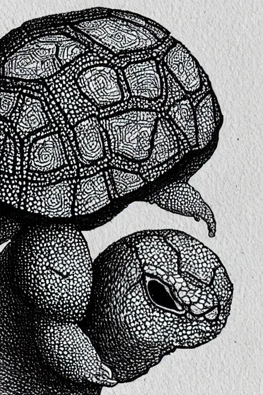 Prompt: “ ink drawing of a menstruating tortoise against a dark background, pointillism, vivid depiction of painful menstrual cramps ”