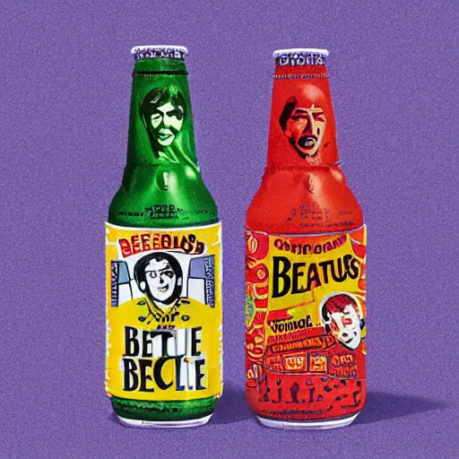 Image similar to an advertisement for a beatles soda, with the beatles pasted on the packaging, soda bottle with a small illustration of the beatles pasted on the packaging.