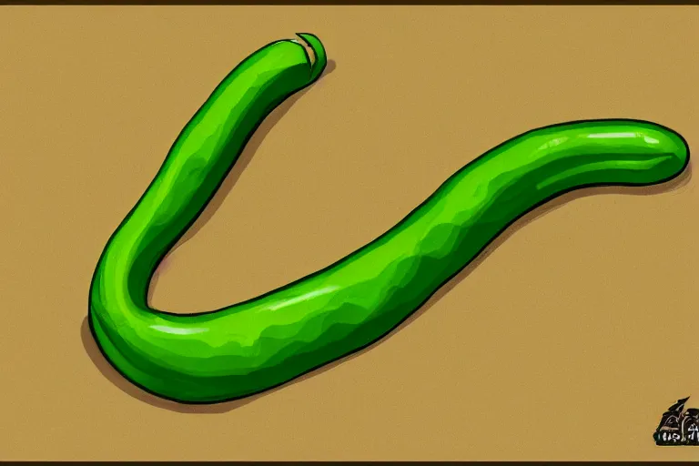 Image similar to Long Green Sausage with eyes and fangs, fine details, concept art