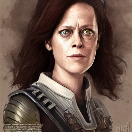 Image similar to young sigourney weaver as a d & d ranger, character portrait by wlop