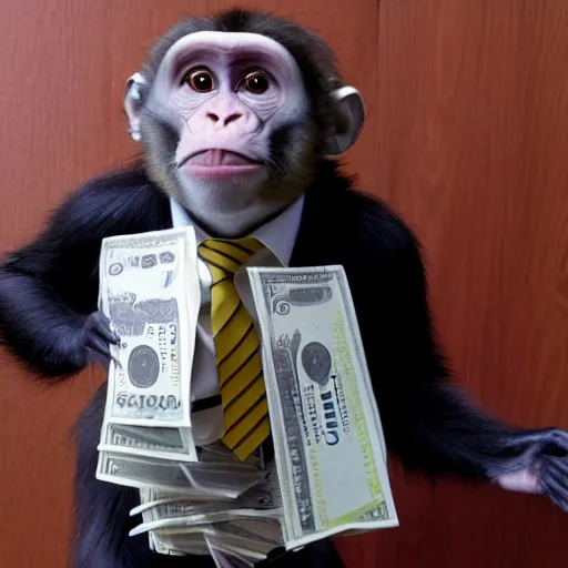 Prompt: photograph of a monkey dressed as a loan shark collecting money