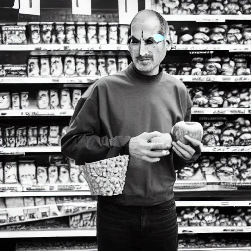 Image similar to Steve jobs selling apples on a supermarket, 35mm lens